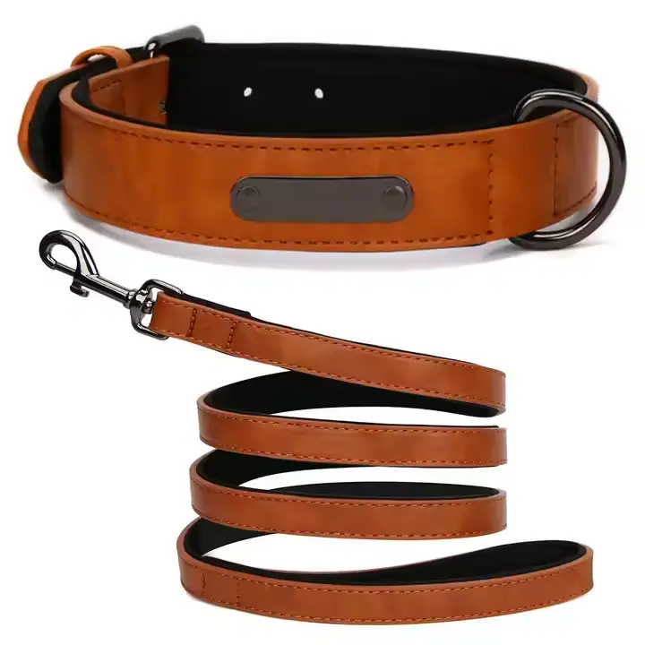 Dog Collar And Lead Sets Personalized Product PU Leather Custom Name Collars Leash Set For Pets