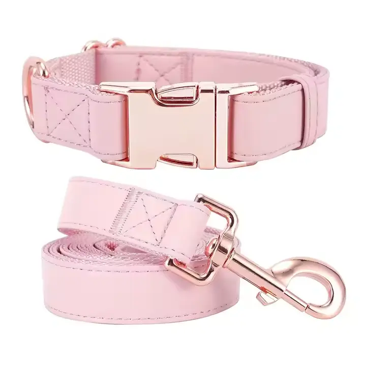 Dog Collar And Lead Sets Soft And Easy to Clean Vegan Leather With Rose Gold Metal Buckle