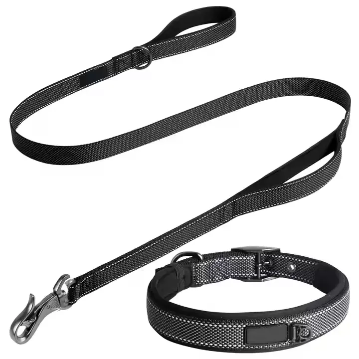 Dog Collar And Lead Polyester Material Black Color Heavy Duty Reflective Comfortable Padded Small Breeds
