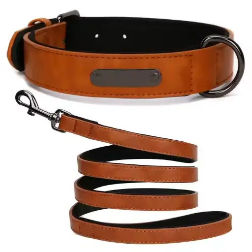 Dog Collar And Lead Sets Personalized Product PU Leather Custom Name Collars Leash Set For Pets