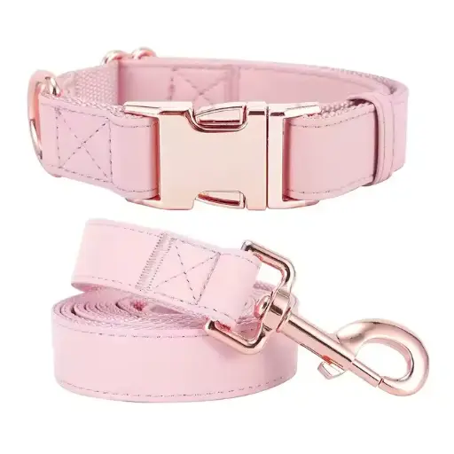 Dog Collar And Lead Sets Soft And Easy to Clean Vegan Leather With Rose Gold Metal Buckle