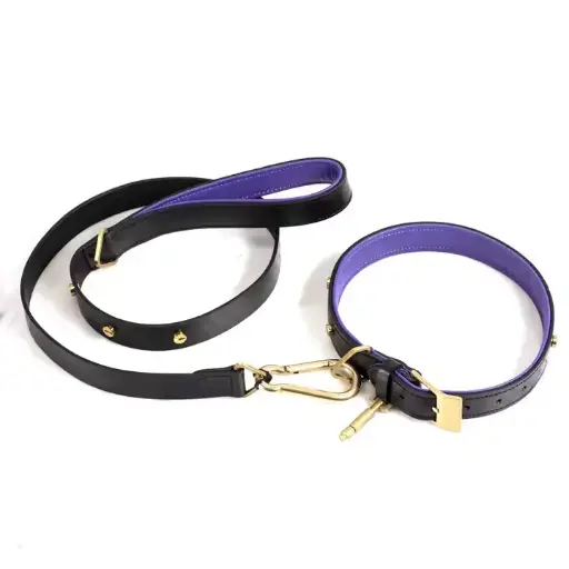 Dog Collar And Lead Sets Black And Purple Contrast Color Leather Material Good Selling Make Own Dog Collar