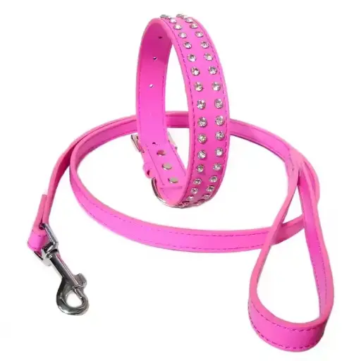 Dog Collar And Lead Set Competitive Price Good Selling Hot Pink Color With White Stone Row Dog Collar Lead