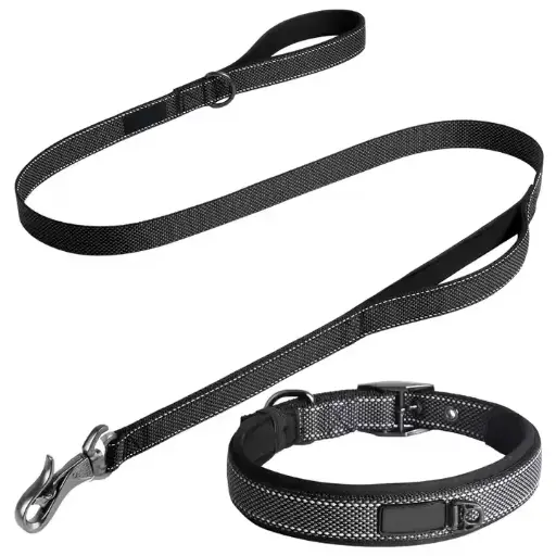 Dog Collar And Lead Polyester Material Black Color Heavy Duty Reflective Comfortable Padded Small Breeds